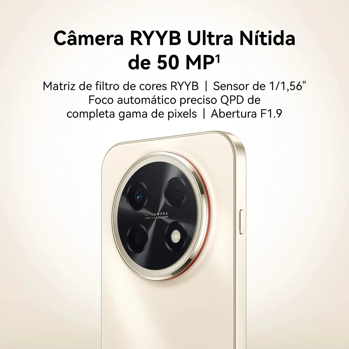 Detalhe da câmera traseira RYYB Ultra Nítida de 50 MP do Huawei Nova 15 Max, destacando o design circular e especificações da lente.
