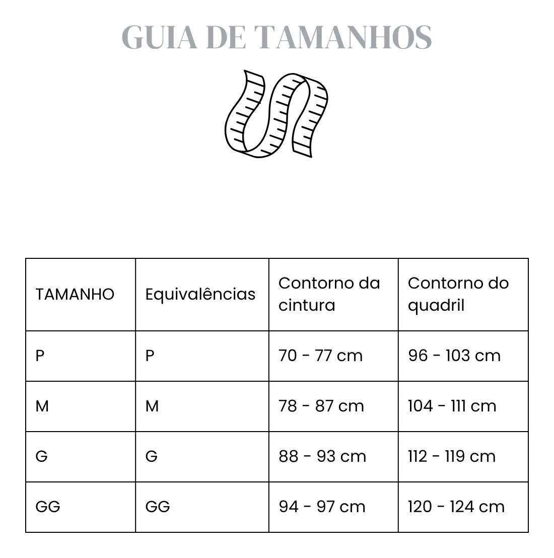 Tabela de guia de tamanhos com medidas de cintura e quadril em centimetros
