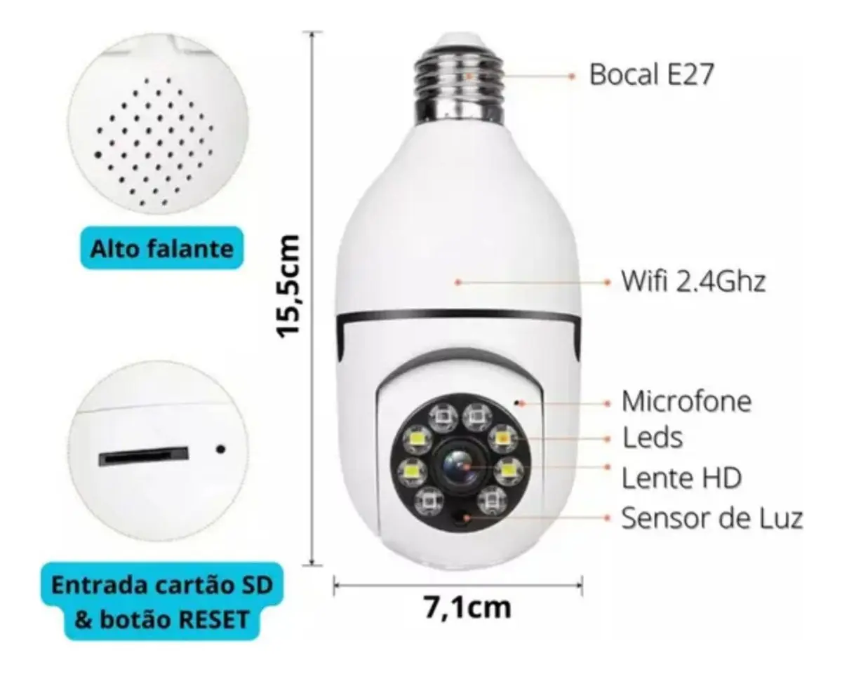 Câmera lâmpada de segurança branca com bocal E27, detalhando suas dimensões de 15,5cm de altura por 7,1cm de largura e apontando para componentes como alto-falante, entrada SD, microfone, LEDs, lente HD e sensor de luz.
