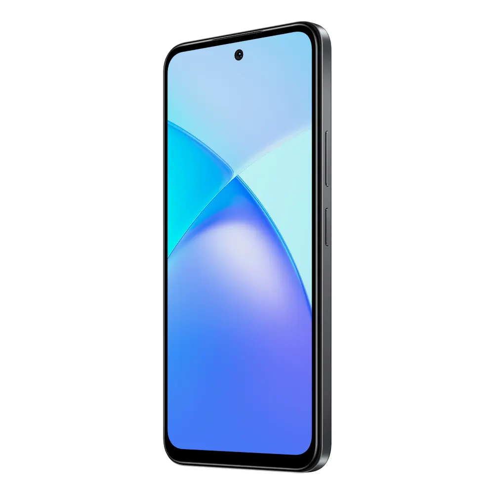Vista lateral e frontal do smartphone Infinix Smart 10 detalhando o acabamento e o design do dispositivo