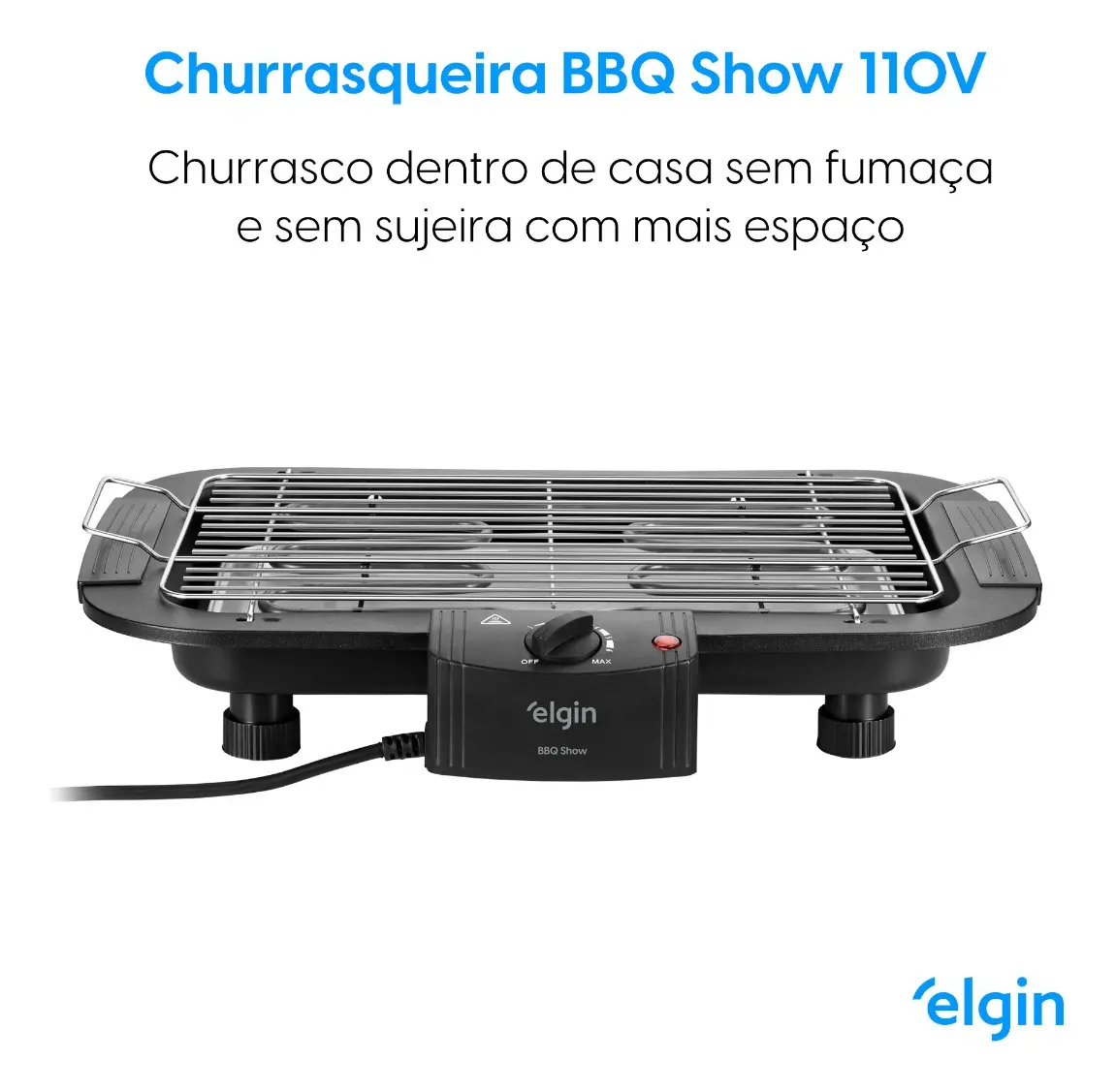 Visão frontal da churrasqueira Elgin BBQ Show com texto promocional destacando uso interno sem fumaça.