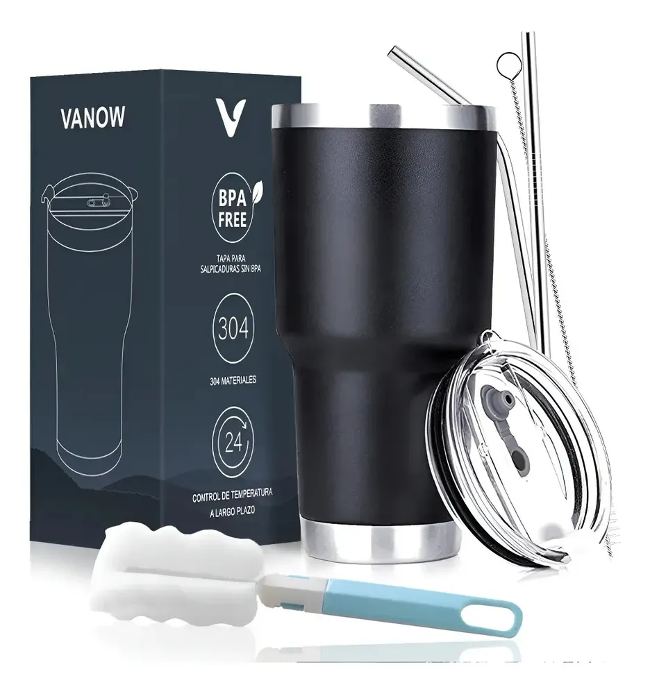 Vaso Térmico De 30oz Acero Inoxidable Con Popote Y Cepillo Color Negro Vanow (cepillo+popote)