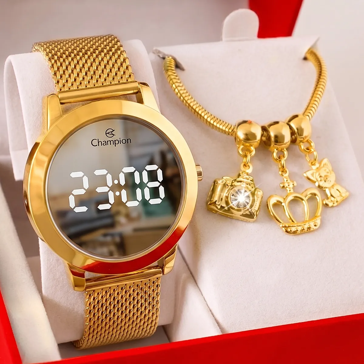 Relógio Feminino Champion Espelhado Luxo + Pulseira