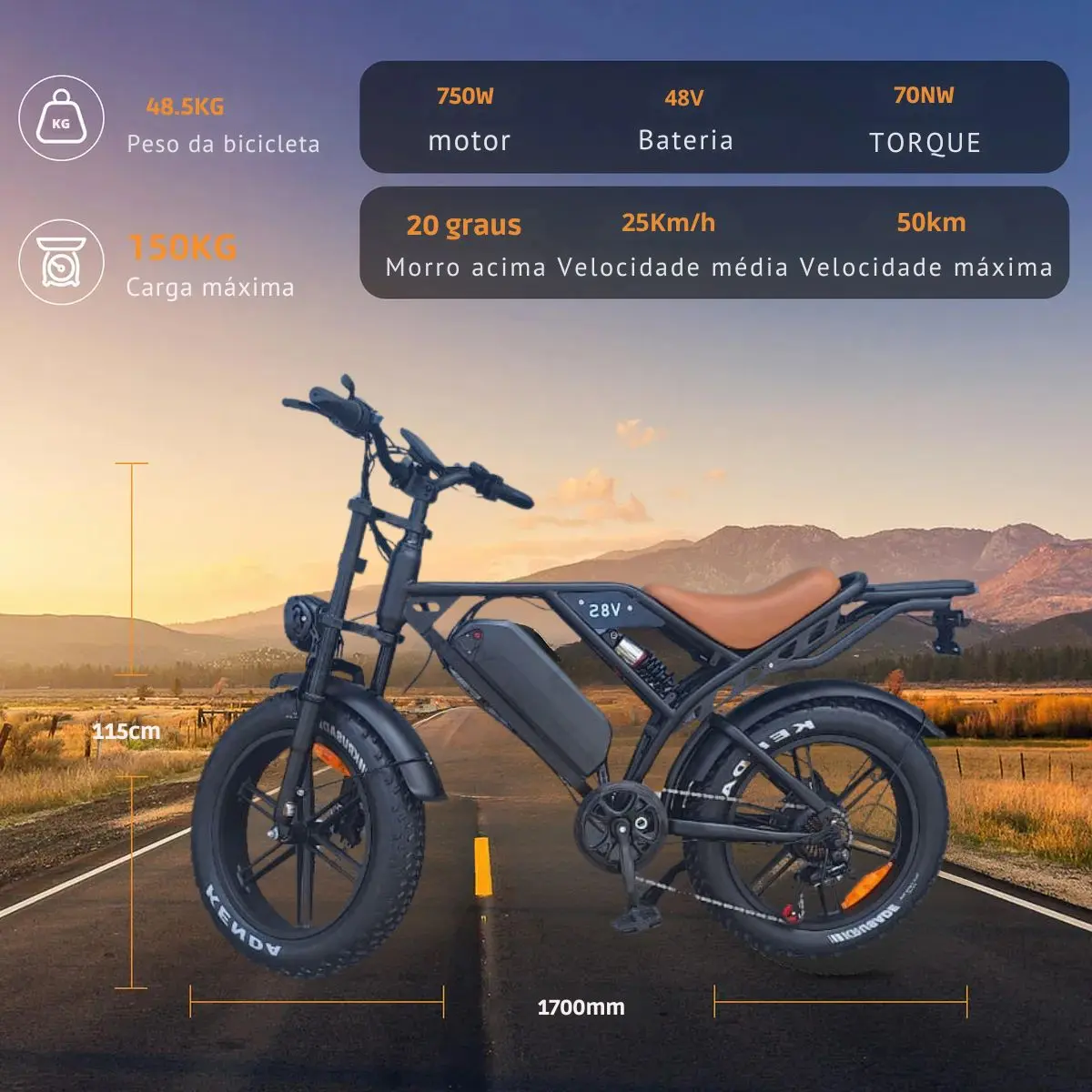 Bicicleta elétrica Starmega V8 com dimensões de altura e comprimento exibidas em ambiente externo