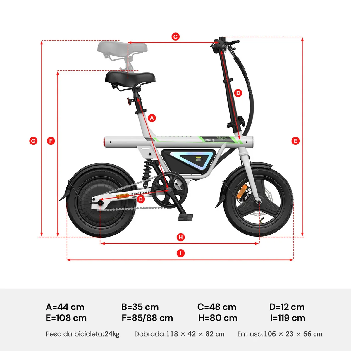 Diagrama técnico da bicicleta elétrica Xroymexroy Eb1s branca com dimensões detalhadas (A, B, C, D, E, F, G, H, I) e informações de peso e medidas dobrada/em uso.