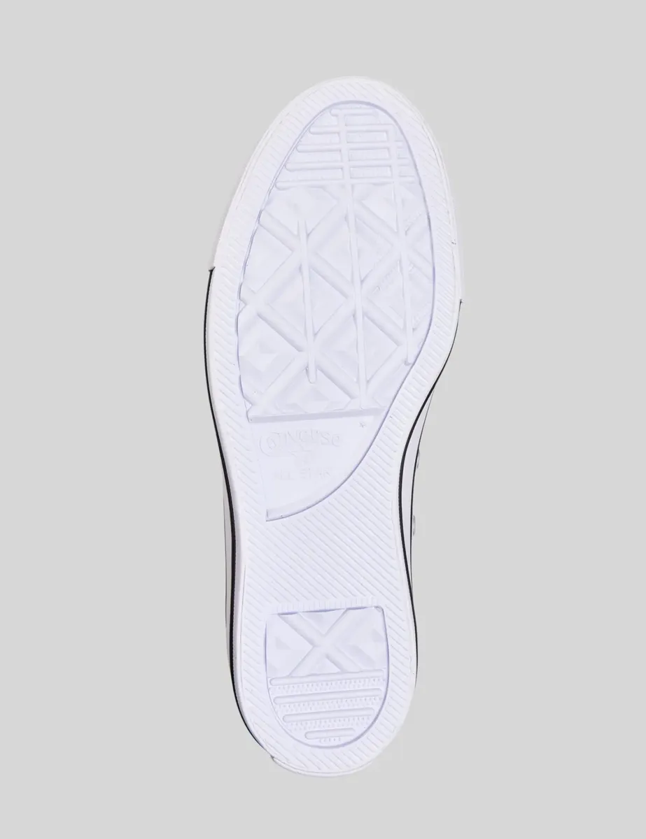Sola branca com padrão de diamante e logo Converse All Star, vista de baixo do tênis CT2564 sobre fundo cinza.