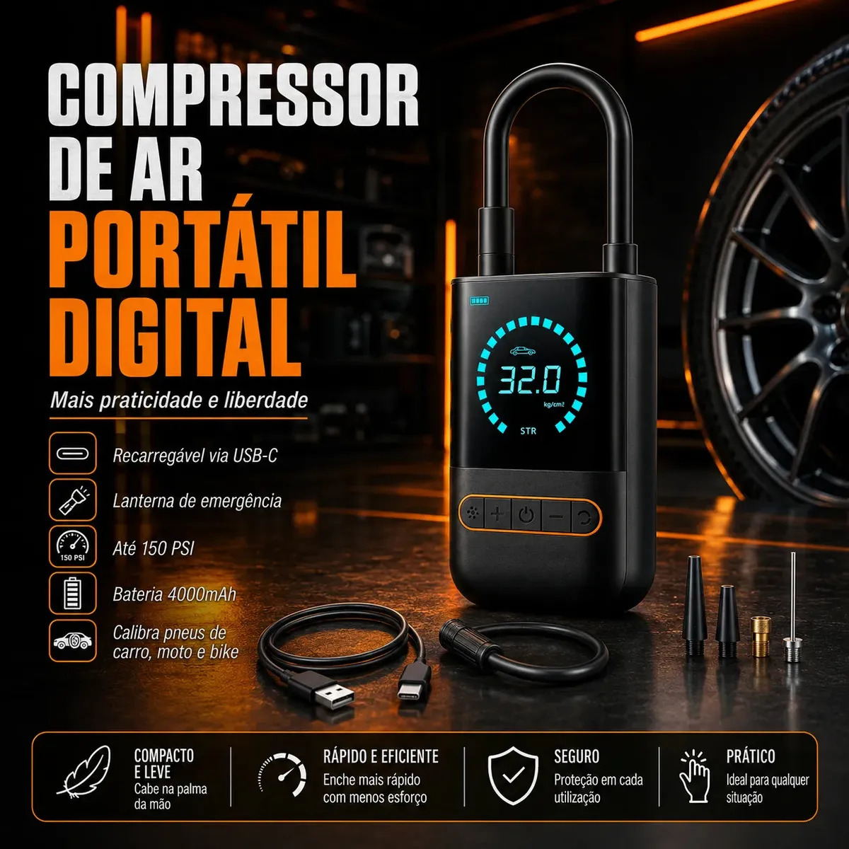 Compressor de ar portátil digital B&G na cor preta com visor iluminado, acompanhado de cabo USB-C, mangueira de ar e bicos adaptadores sobre uma superfície escura com pneu ao fundo.