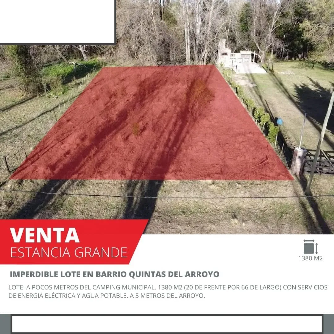 I am selling a plot of land with title deed, located in the Quintas Del Arroyo neighborhood, Estancia Grande, San Luis, just a few meters away from the municipal campsite "Los Nogales", 1380 m², 20 m frontage x 66 m depth, with utilities