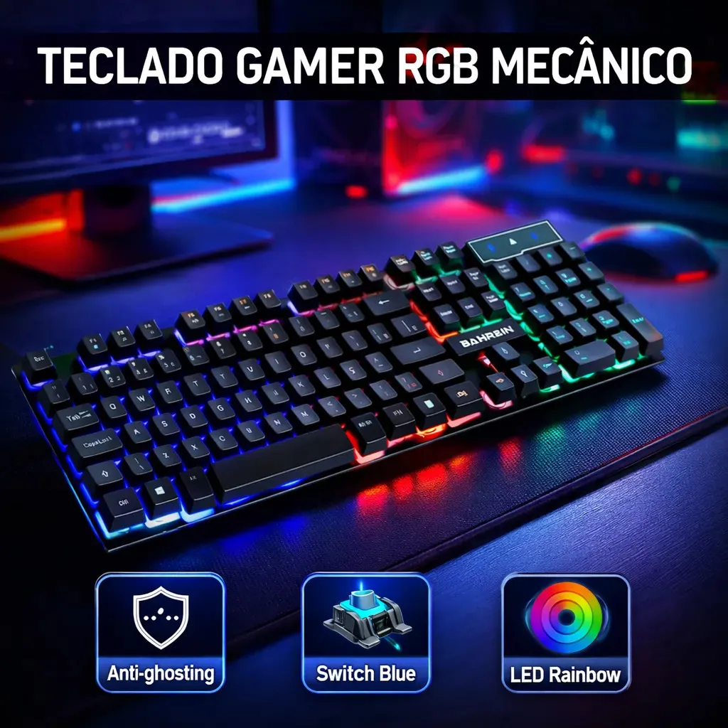 Teclado Gamer Bahrein USB Com Fio RGB LED Iluminado ABNT2 Português Brasil QWERTY Preto Mecânico Semi Mecânico Anti-Ghosting Alta Performance PC Notebook Setup Gamer Teclas Macias Plug and Play
