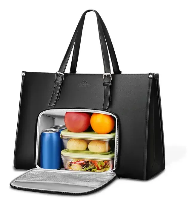 Bolsa Feminina Para Notebook Com Compartimento Térmico Para Almoço Bolsa Tote Executiva Pu Couro 15,6 Polegadas Mochila Conversível Leve Para Trabalho E Escritório, Matein 1447 Cor Preto Liso