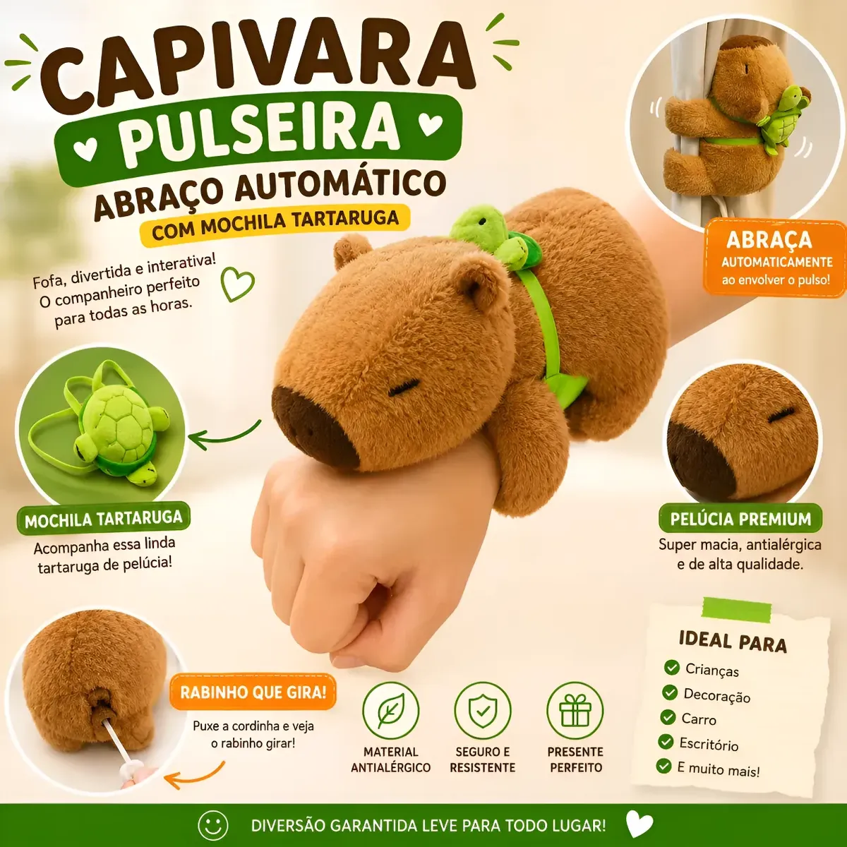 Pulseira Capivara de Pelúcia que Abraça Brinquedo Divertido