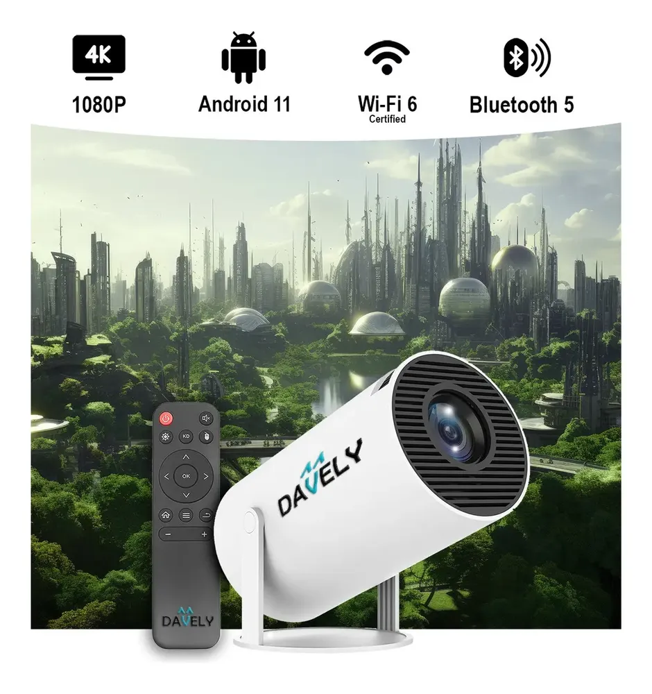 Mini Projetor Hy300 Android 4k Portátil Wi-fi Bluetooth Hdmi Usb Cinema Em Casa Compacto Alta Resolução Full Hd Smart Projetor Davely Celular Notebook Games Apresentação Branco 127/220v