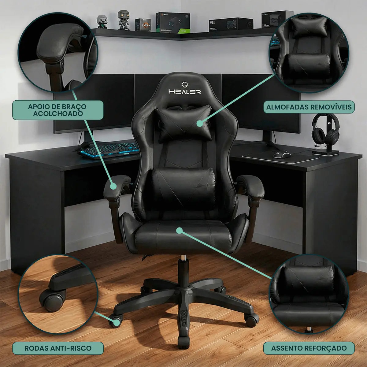 Cadeira Gamer Wells Preta Healer Preto Couro Sintético