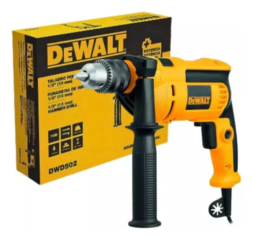 A furadeira DeWalt amarela e preta, destacando seu design compacto.