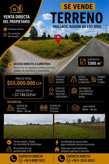 Terreno 7.000 M2 Paillaco, Título Inscrito, Ruta T-65
