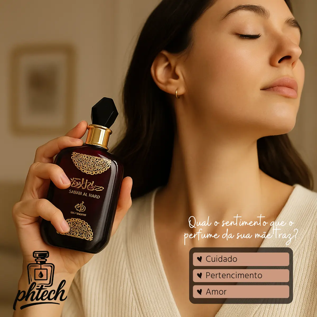 Mulher segurando o frasco de perfume Sabah Al Ward, com a pergunta 'Qual o sentimento que o perfume da sua mãe traz?' e caixas de seleção para 'Cuidado', 'Pertença', 'Amor'.