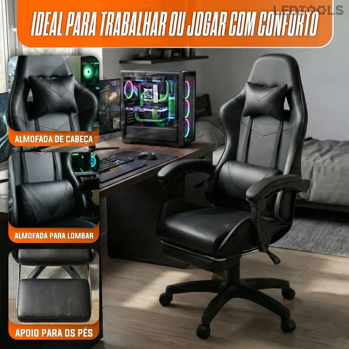 Cadeira Gamer Ergonômica Preta Reclinável Com Apoio Dos Pés Led Tools Couro Sintético Preto