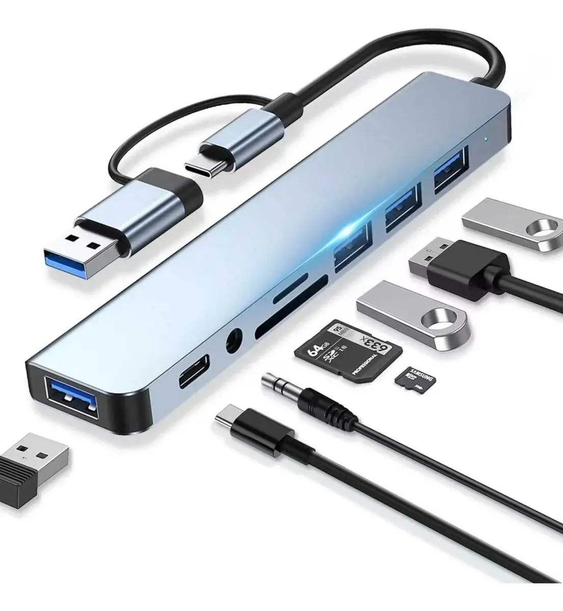 Extensor Usb Hub 3.0 Dupla Cabeça Tipo C E Usb, Conta Com 8 E 4 Portas Para Transferência Rápida De Dados. Adaptador Compacto, Compatível Com Pendrives, Discos Rígidos E Todos Os Modelos De Desktop E