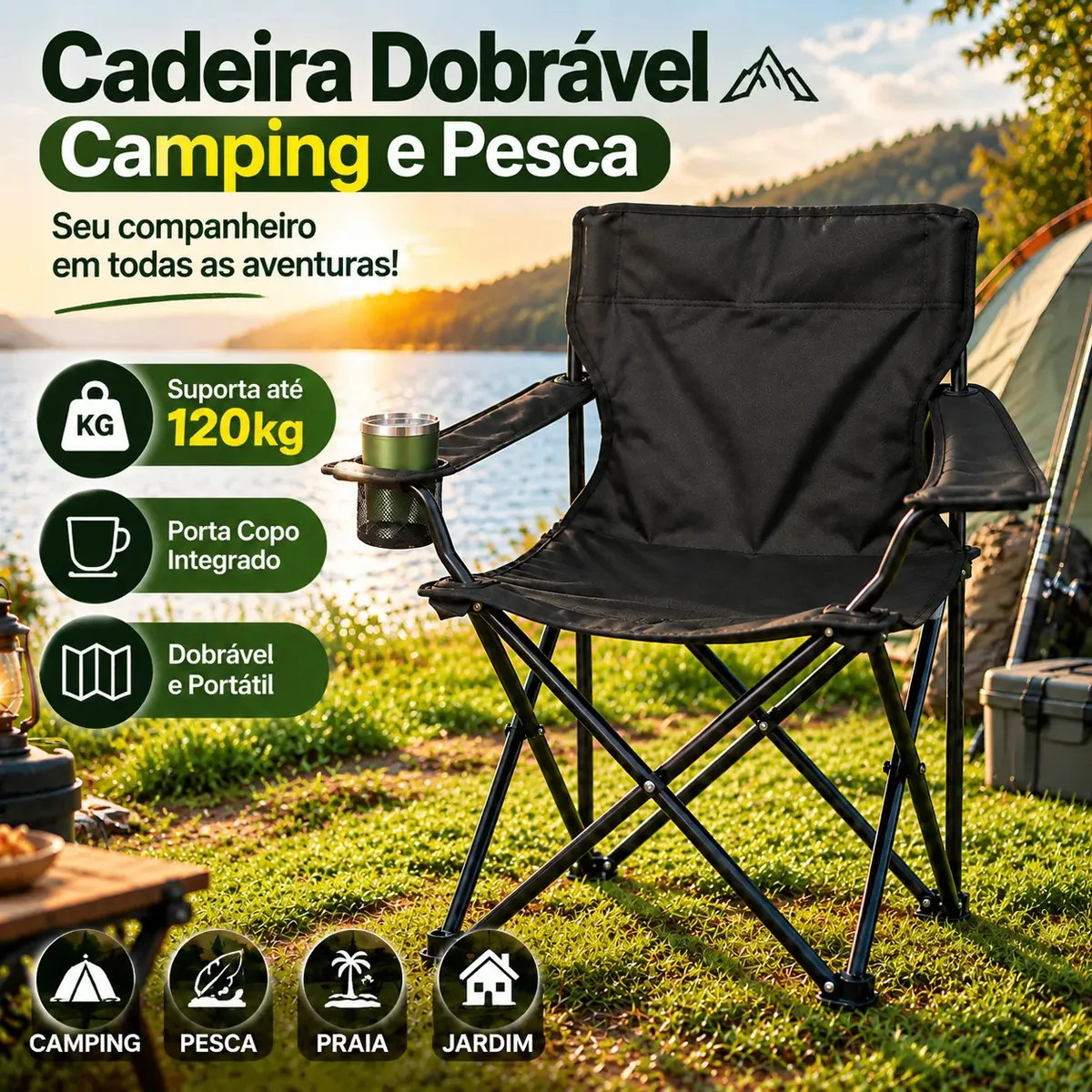 Cadeira Dobrável Camping Pesca com Porta Copo Bolsa Portátil Resistente até 120kg para Praia Jardim e Lazer