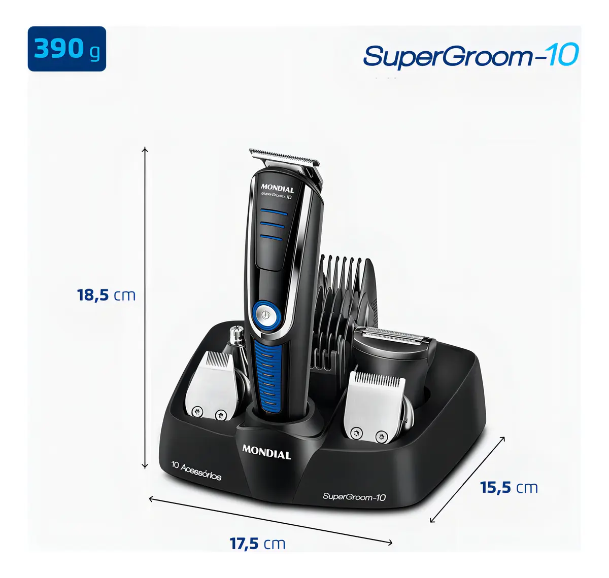 Diagrama com as medidas do aparador de 18,5cm de altura e 17,5cm de largura da base com peso de 390g