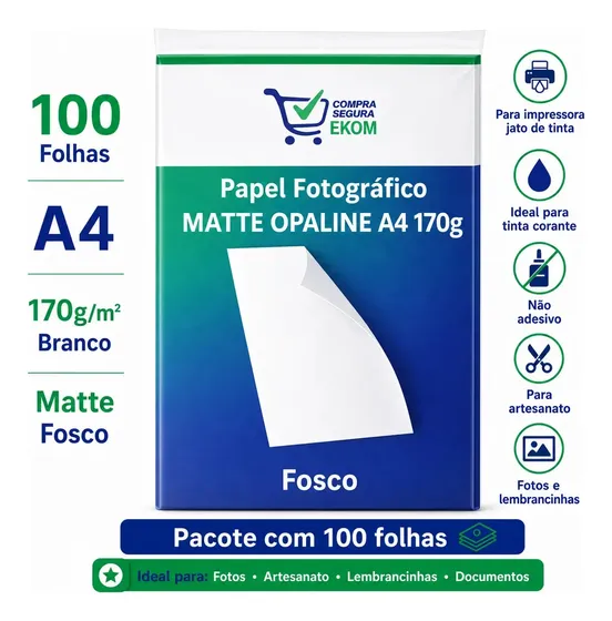 Papel Fotográfico Matte A4 170g Opaline 100 Folhas Fosco Premium Para Convites Certificados Cartões Impressão Profissional