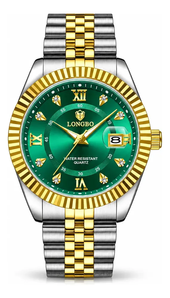 Relógio Masculino Longbo Aço Inox Quartzo 30m Calendário Prateado Dourado Verde-escuro