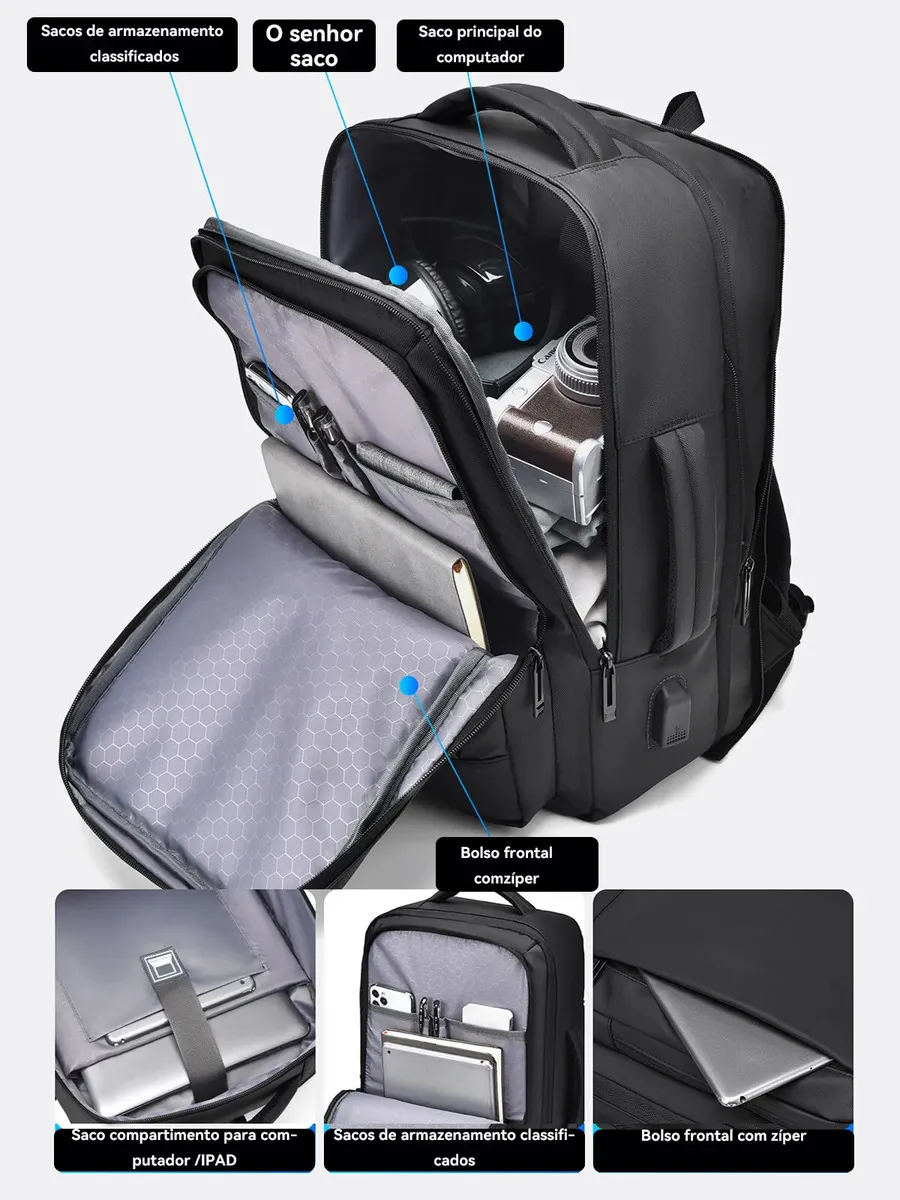 Mochila Executiva Porta Notebook Impermeável, Expansível 5cm, Saída USB, Alça para Fixar em Malas, Alças Acolchoadas, Multicompartimentos, Ideal para Trabalho, Viagens e Faculdade, Design Elegante Uni