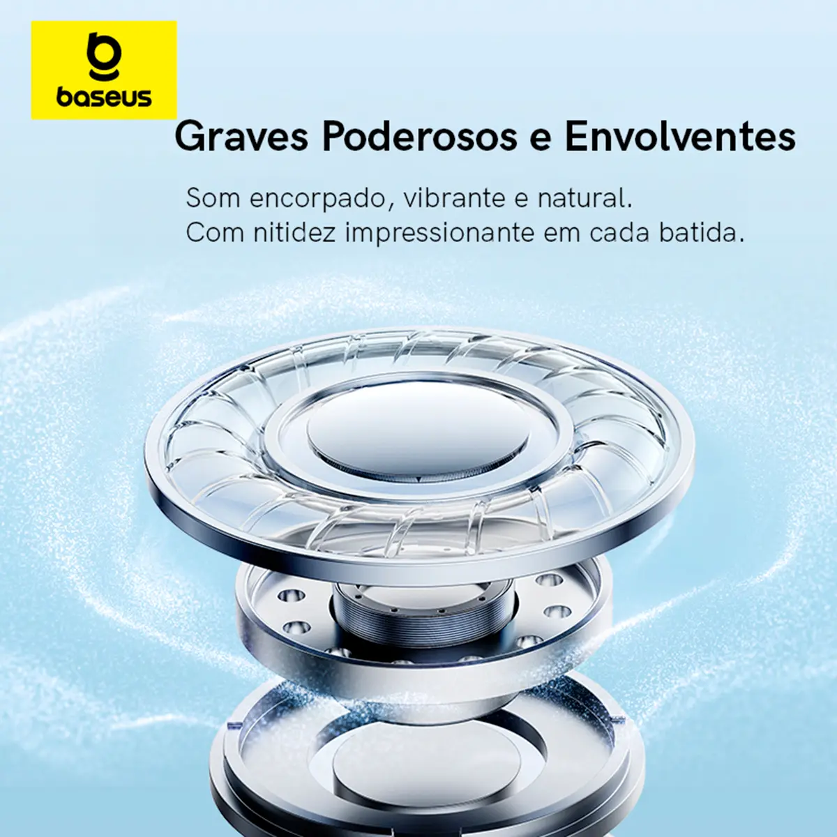Vista detalhada do driver interno do headphone Baseus Bass BH1 Lite, com design metálico e transparente, sob o texto 'Graves Poderosos e Envolventes'.