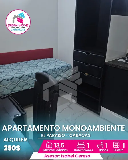 En Alquiler Apartamento Monoambiente Solo Para Dama, Ubicado En El Paraíso  Caracas.