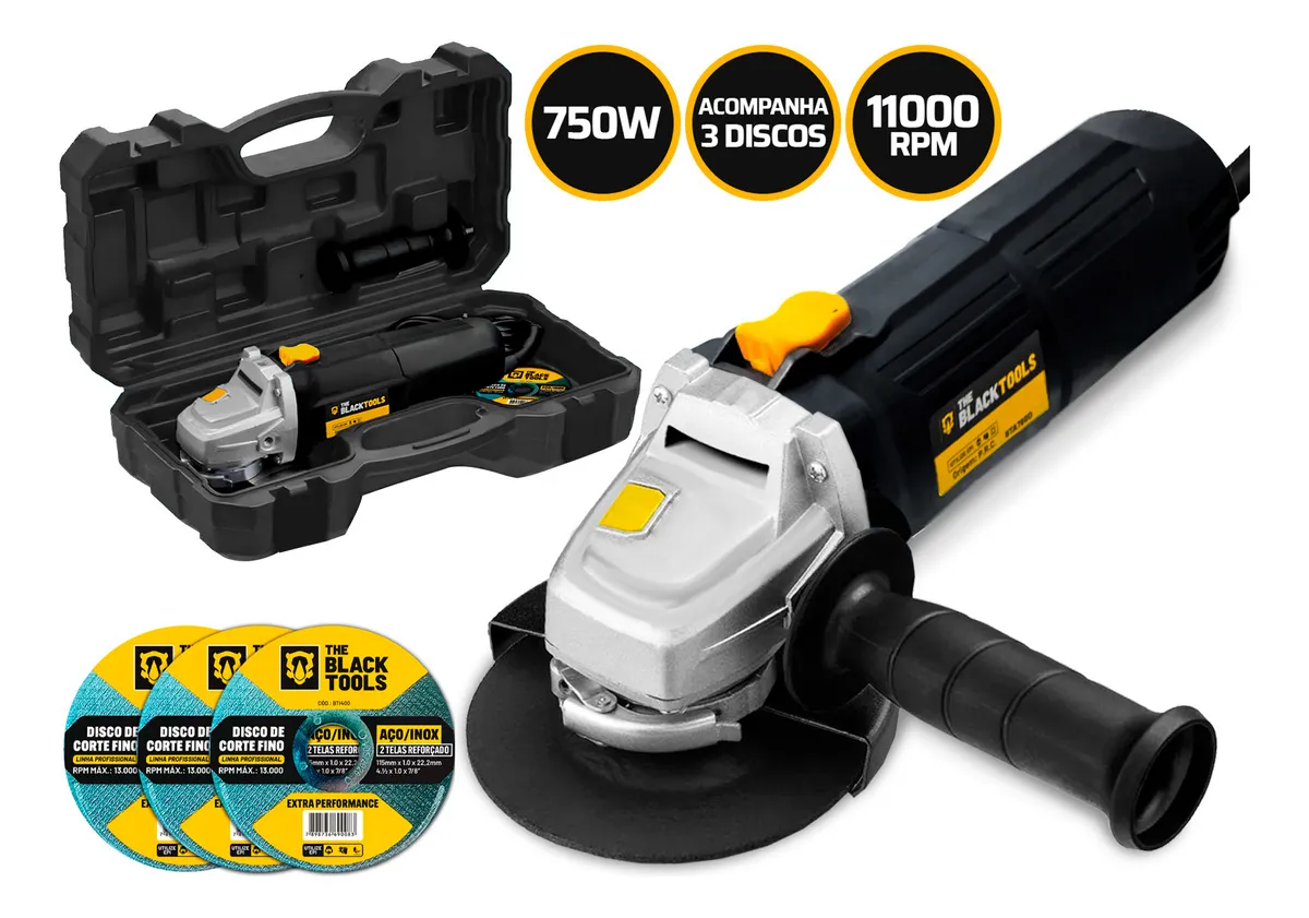 Esmerilhadeira lixadeira angular 750w 4.1/2 pol 115mm 11000rpm com maleta e discos bta780d The Black Tools