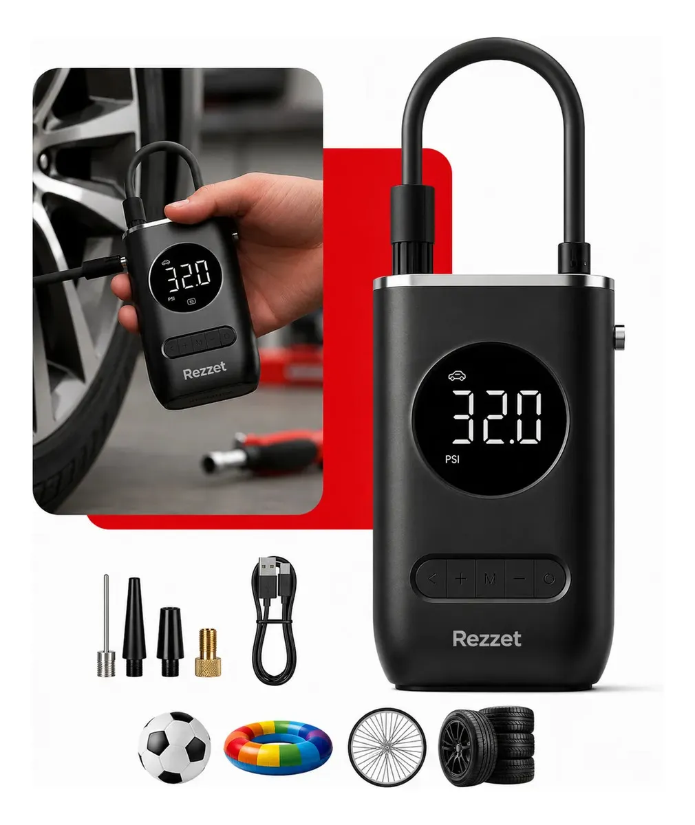 Mini Compressor Digital Portátil Rezzet para Carro Moto e Bicicleta com Calibrador Digital Inflador Elétrico de Pneus 12V Display LCD Lanterna LED Compacto e Recarregável