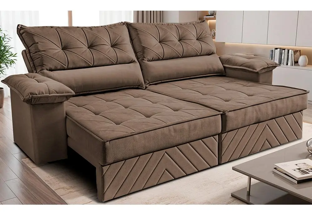 Sofá Retrátil 2,40m Molas E Espuma D33 Thunder. Cama Inbox Castor Liso