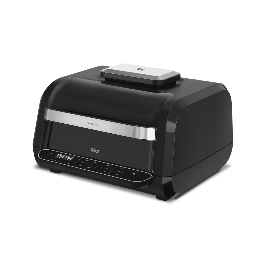 Vista angular da Fritadeira Elétrica Air Fryer Wap Barbecue Heat preta, fechada, com detalhes do painel digital e acabamento em aço escovado, isolada em fundo branco.