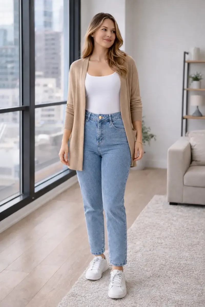 Mulher em pé, sorrindo, vestindo calça jeans mom Stillger clara, camiseta branca e um cardigan bege, em um ambiente moderno.