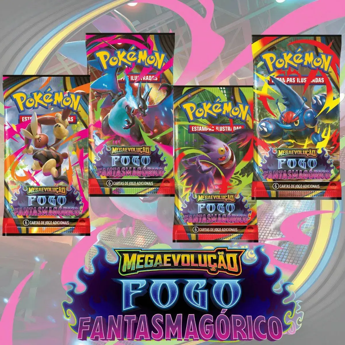 Quatro pacotes de booster da coleção Pokémon Fogo Fantasmagórico exibindo ilustrações de Mega Lopunny, Mega Charizard X, Mega Gengar e Mega Heracross.