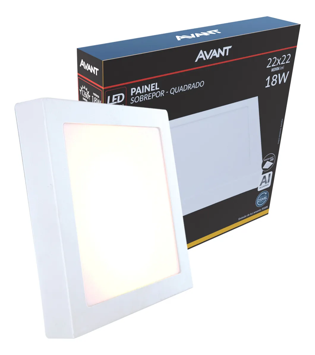 Painel Led Alu 18w 3000k Sob. Quadrado 110v/220v 22cm Avant Estrutura Branco