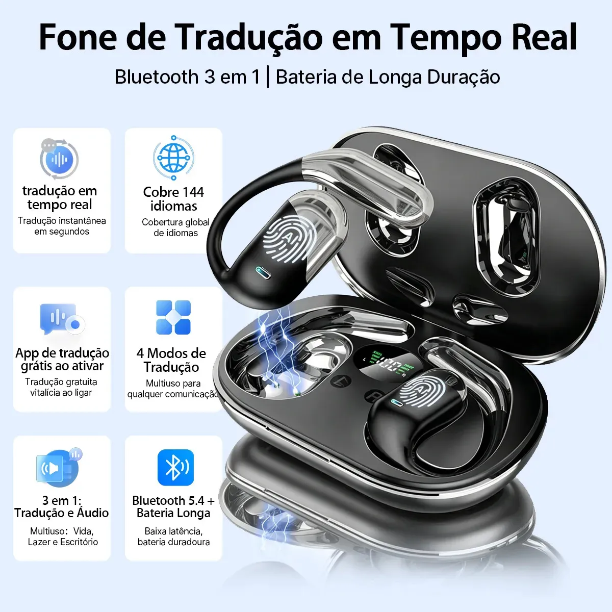 Fone Tradutor Bluetooth IA Q16S Plus Tradução em Tempo Real 144 Idiomas