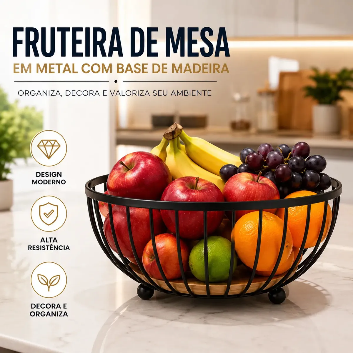 Fruteira de Mesa Cesto Organizador de Frutas Aramada Multiuso Cozinha Metal Inox Aquattro