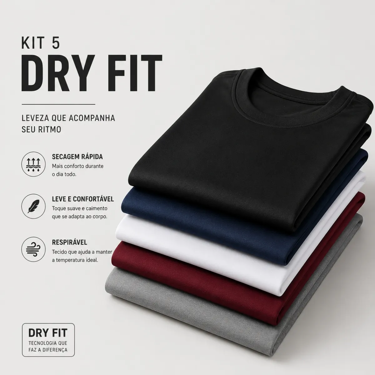 Kit 5 Camisetas Básicas Masculina Dry Fit Lisa Tradicional