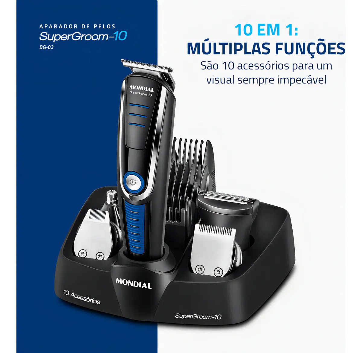 Visão geral do kit Mondial Super Groom 10 destacando a função 10 em 1 e a base de armazenamento