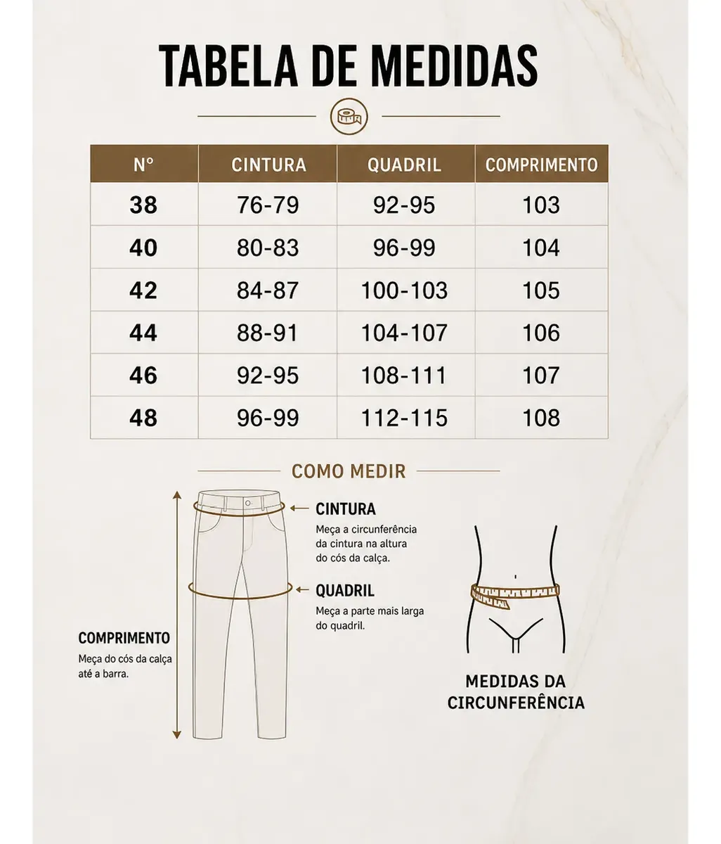 Tabela de medidas da calça masculina com instruções de como medir cintura e quadril