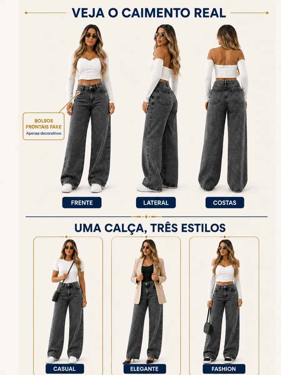 Calça Jeans Wide Leg Feminina Cintura Alta Pantalona