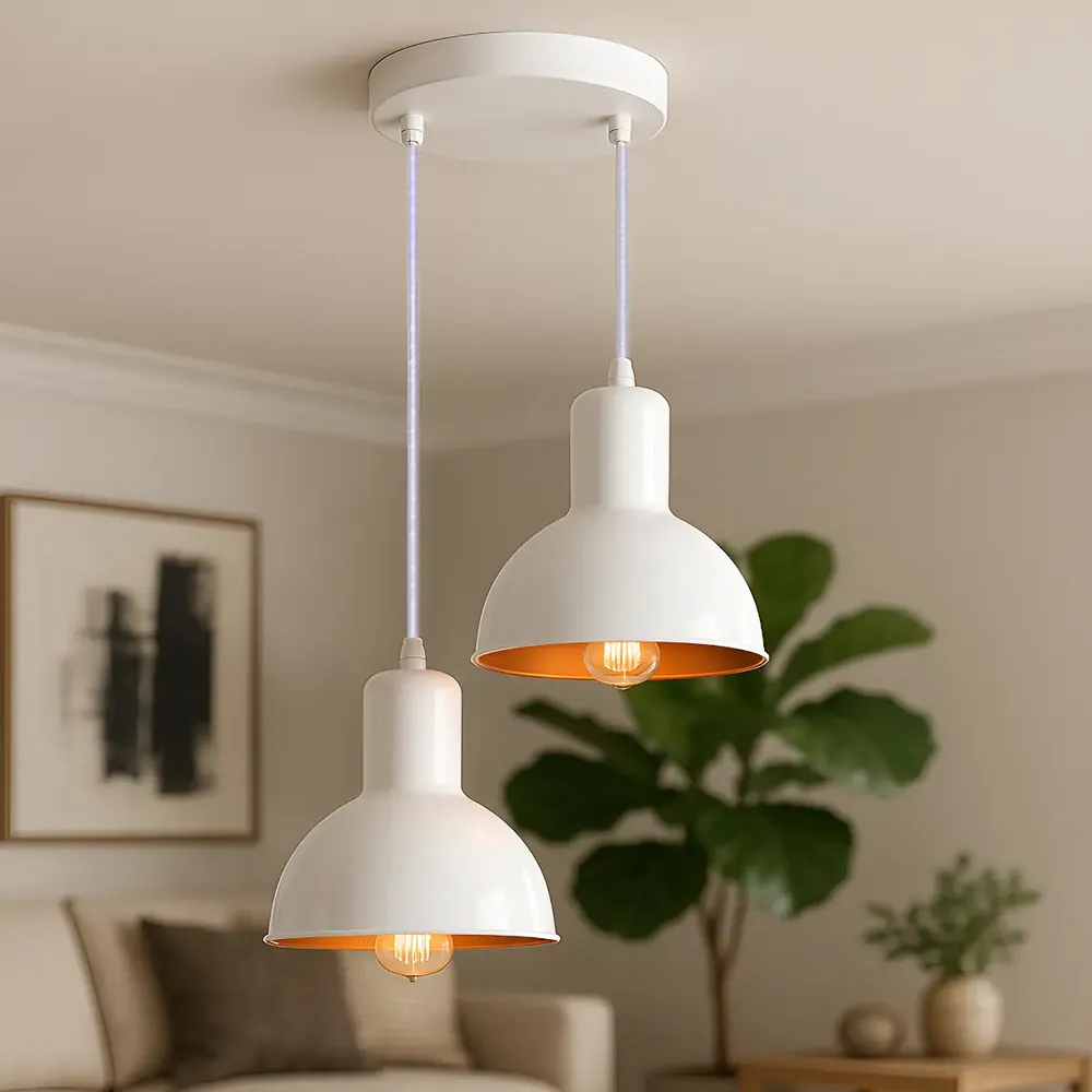 Luminária Lustre Pendente Joana Dupla Branco e Cobre Moderna Para Teto Sala Cozinha Bancada Gourmet Quarto Decoração - Bivolt - 110-220V
