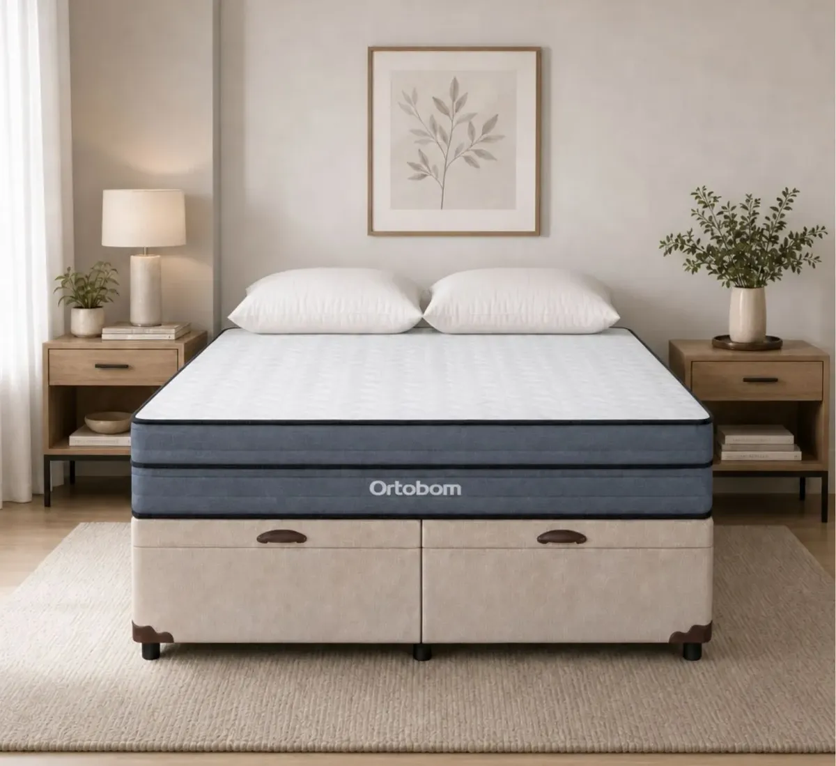 Baú Queen Bege Colchão Núvia Airtech Superpocket Ortobom