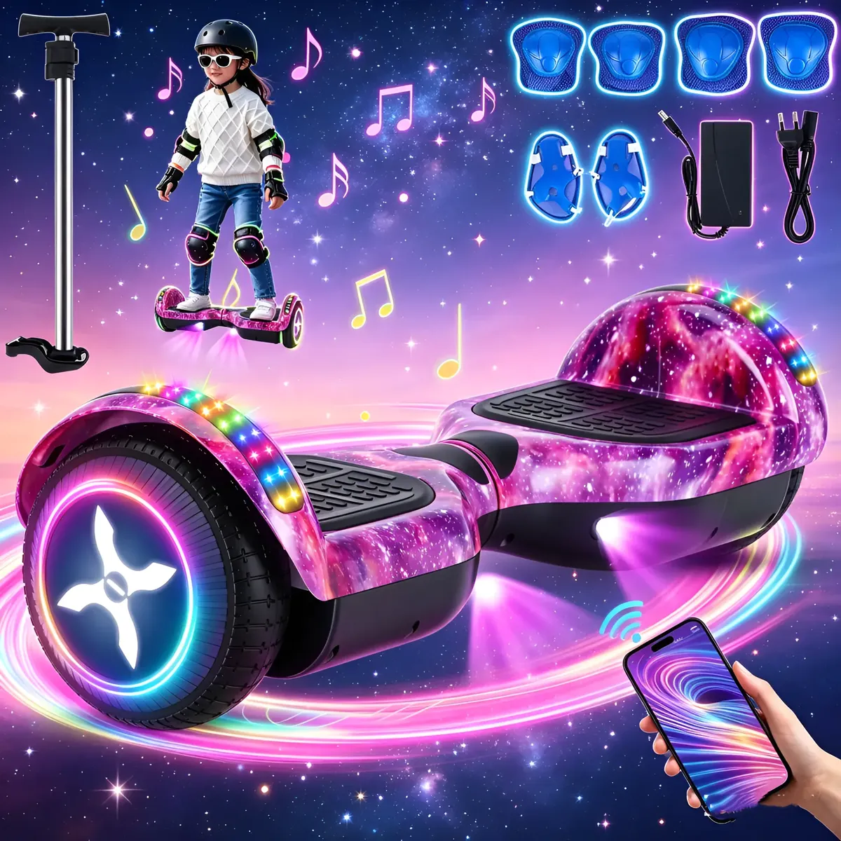 Hoverboard Elétrico Skate Kit Acessórios Com Bluetooth E Led Céu Estrelado Roxo