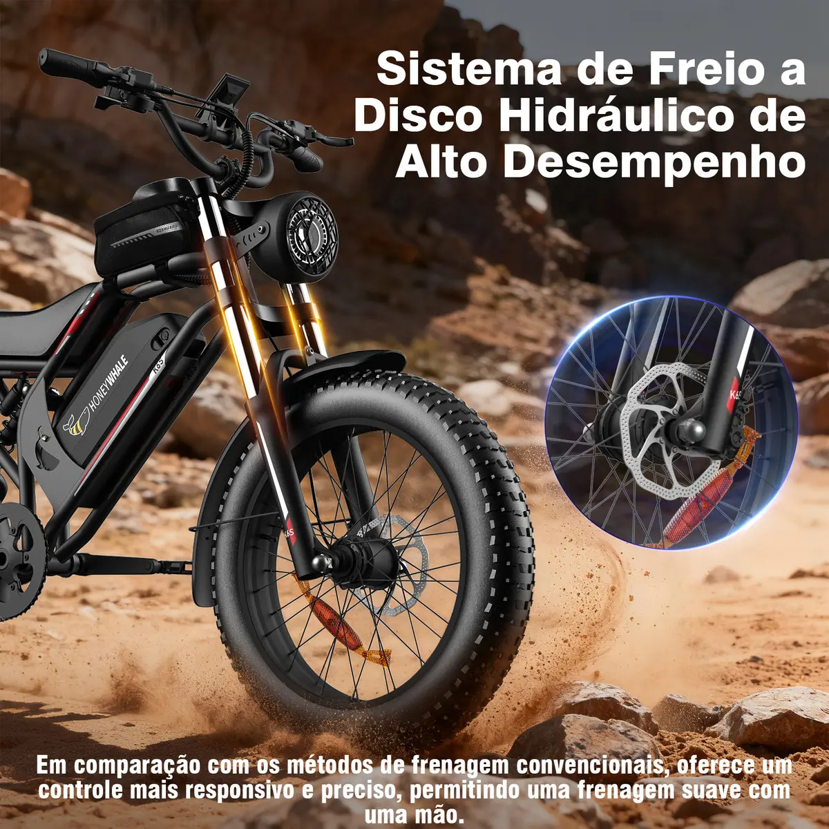 Detalhe do sistema de freio a disco hidráulico de alto desempenho na roda dianteira da bicicleta elétrica Honeywhale K6s em ambiente off-road, garantindo frenagem precisa.