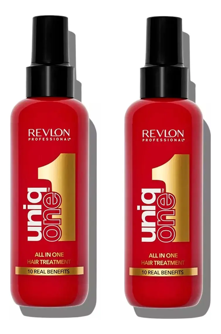 Dois frascos vermelhos do tratamento capilar Revlon Uniq One dispostos lado a lado