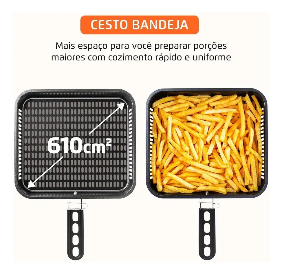 Visualização da bandeja coletora com área de 610cm² cheia de batatas fritas