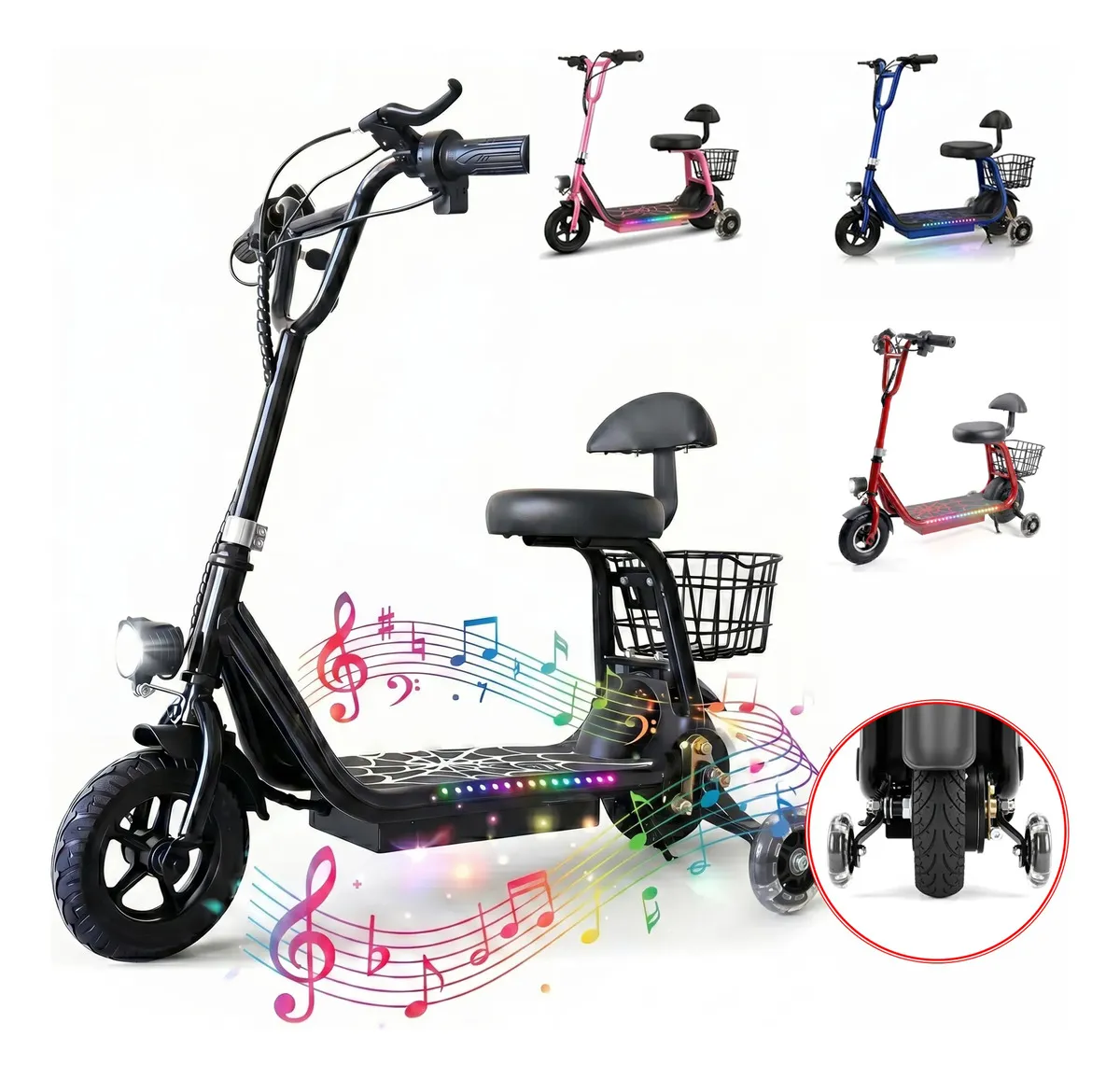 Patinete Elétrico Infantil XXH, Motor 300w Velocidade máxima 18KM/h Bluetooth 3 Velocidades, Faixa De Luz Led Colorida, 