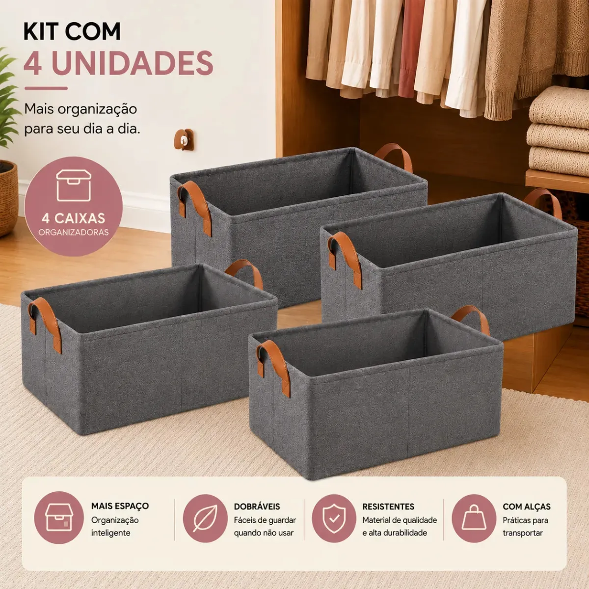 Kit 4 Caixas Organizadora para Guarda Roupa e Gavetas Cesto Organizador Multiuso de Roupas Íntimas e Camisas